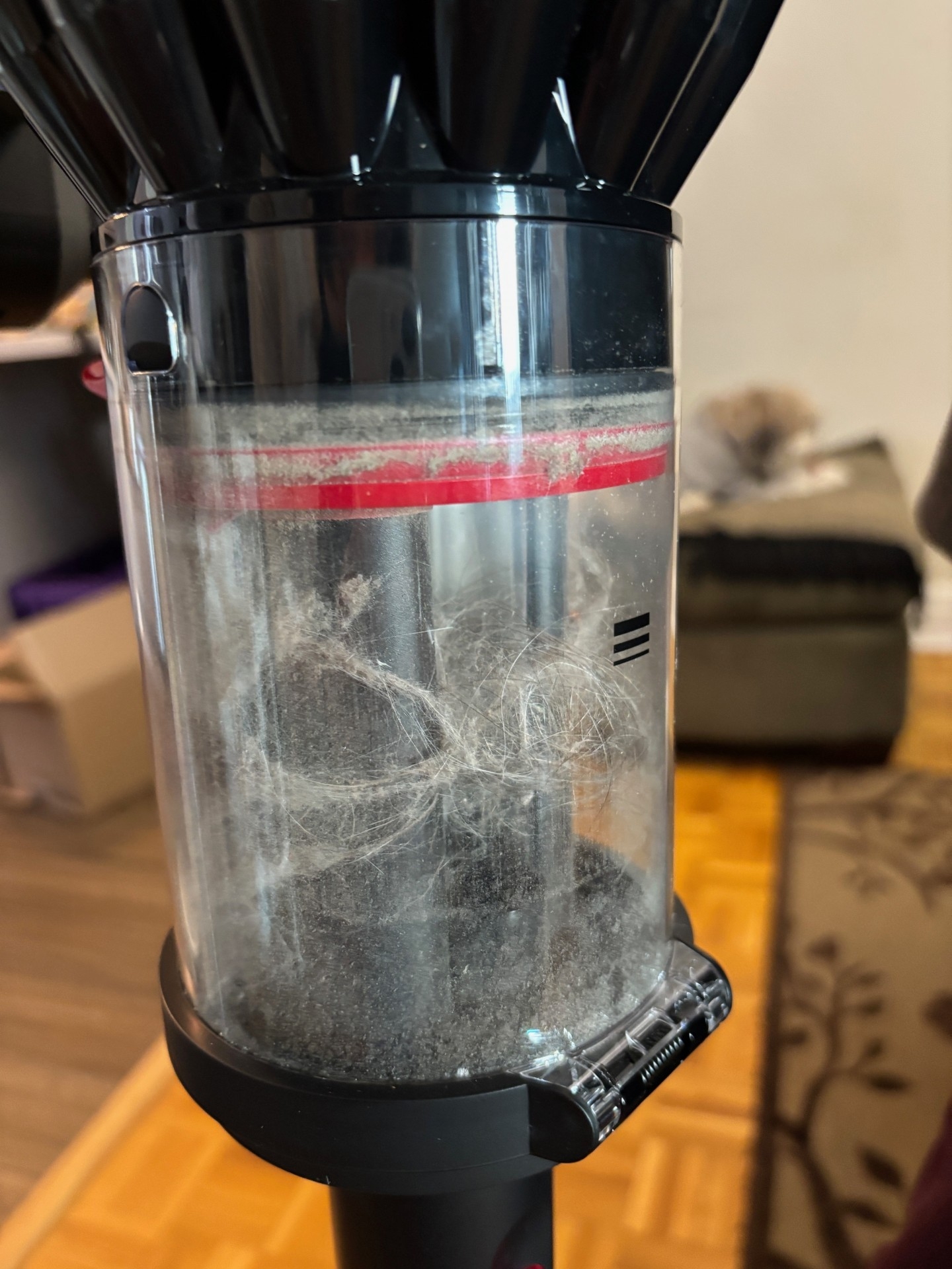  The Dyson V16 Piston Animal easily traps long pet hair without clogging.