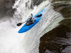 Nouria Newman taking on the rapids in Squamish, B.C. wearing the new Snow Goose collection.