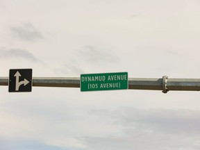 A street sign listing 105 Avenue near the Queen Elizatbeth II Hospital as Dynamud Avenue. The road was renamed for one year after it was auctioned off at the 2020 Festival of Trees auction.