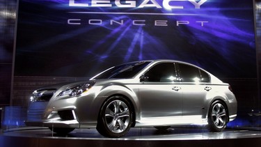 The new Subaru Legacy concept vehicle is revealed to the media during the press preview for the Detroit International Auto Show at the Cobo Center January 11, 2009 in Detroit, Michigan. The 2009 North American International Auto Show (NAIAS) opens to the public January 17th. Automakers have cut back on their displays to save money and are focusing more on the cars they plan to produce in response to the financial weakening of the industry.