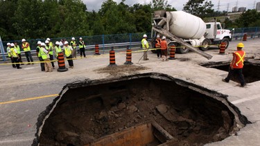 City workers cordon off a section of Finch Avenue West to fix a sinkhole in 2009.