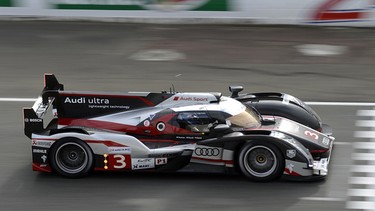 LE MANS, FRANCE - JUNE 13:  The #3 Audi R18 ultra driven by Marc Gene of Spain, Romain Dumas of France, and Loic Duval of France during practice  for the 80th running of the Le Mans 24 Hour race at the Circuit des 24 Heures du Mans  on June 13, 2012 in Le Mans, France  (Photo by Rick Dole/Getty Images)