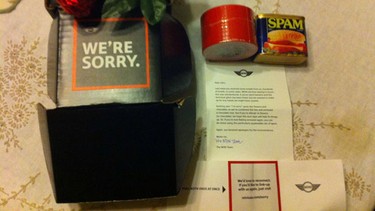 Nothing says "We're sorry" like a can of spam and a roll of duct tape. (Source: Imgur)