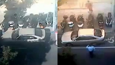 Before Tel Aviv city workers turned Hila Ben Baruch's parking spot into a handicapped space (left) and after (right). (Screen shot/YouTube)