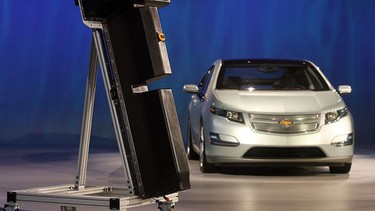 The new lithium battery that will power the Chevrolet Volt sits on display during a press conference at the NAIAS in Detroit in January.