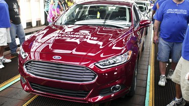 The first Ford Fusion built in the U.S. waits to be driven off the assembly line at Ford Motor Company's Flat Rock Assembly Plant August 29, 2013 in Flat Rock, Michigan.