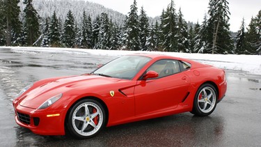 Fresh snow in Cypress Provincial Park provides a stark backdrop for the hot lines of the Ferrari 599 GTB.