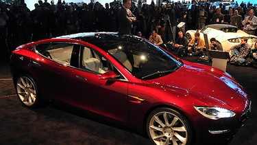 The Tesla Model S electric car during the the second press preview day at the 2010 North American International Auto Show January 12, 2010 at Cobo Center in Detroit, Michigan.