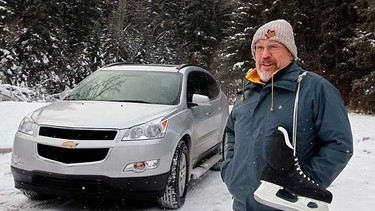 Ernie Ooms is ready with his skates and his 2011 Chevy Traverse at Bowness Park in Calgary.