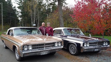 Jamie and Sherrill Cox of Saanich near Victoria, B.C. with their very rare his-and-hers‚ Starfire convertibles.