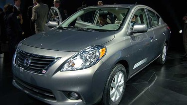 The 2012 Nissan Versa sedan on display at the 2011 New York International Auto Show on the first press day, April 20, 2011.