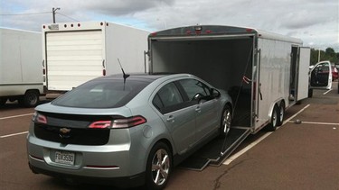 To keep the kilometres on the ‘show’ Chevrolet Volt low, Garry hauled it from Moncton to Montreal in his enclosed HaulMark trailer. All in a week's work.