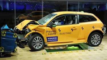 Volvo displayed an electric C30 sedan that had been in a crash test to show its safety features during the 2011 North American International Auto Show.