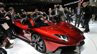 A Lamborghini Aventador J is displayed as it makes its World premiere at the Italian car maker's booth on March 6, 2012, during a press day ahead of the 82nd Geneva Car Show in Geneva.