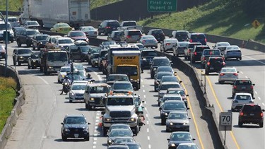 Traffic at a crawl on Highway 1 West of the Cassiar Tunnel in B.C.