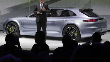 Porsche AG, President and Chief Executive Officer Matthias Mueller, introduces to the media the new Porsche Panamera Sport Turismo concept car during the Paris Auto Show.