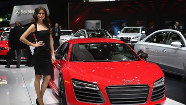 Audi shows off their R8 during the media preview at the North American International Auto Show.