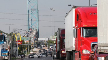 Traffic is backed up Tuesday, Sept. 20, 2011,  after a semi-truck slammed into the rear of a second truck on Huron Church Rd. at the Girardot St. lights. The accident which occurred in the south-bound lanes closed two of the three lanes for more than an hour. No serious injuries were reported. The accident occurred at approximately 2:30 p.m.