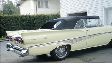 The 1958 Ford Fairlane 500 Sunliner is in original condition, including the convertible top installed by the factory. It has less than 90,000 kilometres on it.