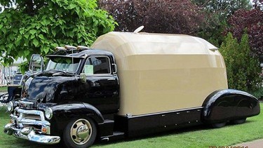 Under the skin of this 1954 Chevrolet Tourliner is technology ranging from a Cummins diesel engine to rear-view cameras and air conditioning