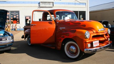 1954 Chevrolet 5-window pickup truck with a mild, custom flame paint job, owned by Garry and Donna Cooper, Calahoo, Alberta.