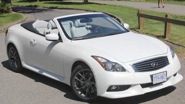 The Infiniti G37 IPL Convertible has a hard top that folds neatly behind the rear seat at the push of a switch. It’s available in only two colours — white or black.   Bob Mchugh Photos/for the province

2013 Infiniti G37 IPL Conv. right front 3/4 view