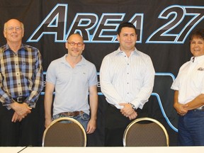 South Okanagan Motorsport Club founders, left to right, David King, Bill Drossos and Jacques Villeneuve join Osoyoos Indian Band Chief Clarence Louie during Sunday press conference at Spirit Ridge Lodge