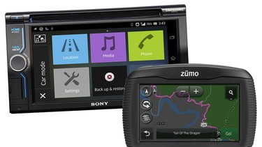 Sony's XAV-602BT multimedia entertainment system and Garmin’s new Zumo 390LM motorcycle navigator.