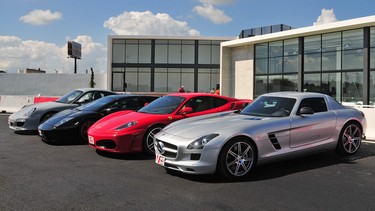 From right: Mercedes-Benz SLS AMG, Ferrari F430, Lamborghini Murcielago and Porsche 911