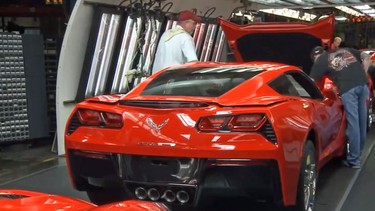 Brand new Corvette Stingrays come off the line.