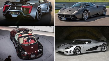 Clockwise from top left are the Lykan HyperSport, the Pagani Huayra, the Koenigsegg CCXR Trevita, and the Bugatti Veyron La Finale.