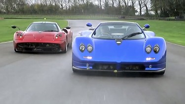 Peter Read's Pagani Huayra, left, goes head to head against Read's other Pagani, the Zonda Roadster.