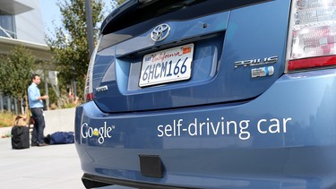 Google's Prius self-driving car is displayed at the Google headquarters on September 25, 2012 in Mountain View, California.