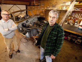 Robert Buchanan and Ralph Boonstra are restoring a 1962 E-type Jaguar in Ralph's garage.