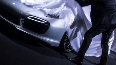 A Porsche 911 Turbo S being unveiled at the Montreal Auto Show.