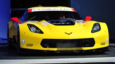 The Corvette C7R racing car is presented during a press preview at the North American International Auto Show January 13, 2014 in Detroit, Michigan.