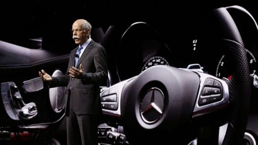Dr. Dieter Zetsche, chairman of the board of management Daimler AG and Head of Mercedes-Benz Cars addresses the media before the automaker unveils the new C-Class car during a preview night for the North American International Auto Show in Detroit.