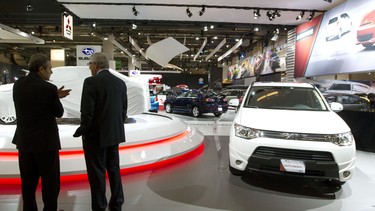 The Mitsubishi display, prior to the opening of the Montreal Internatinal Auto Show, at Palais de Congrées in Montreal, Thursday January 16, 2014.