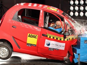 An Indian Tata Nano car is seen during an independent crash test in this photo released Jan. 31 by the Global New Car Assessment Programme. The Nano, billed as the world's cheapest car, and a host of other top-selling small models from India have failed their first independent crash tests, a global safety group said.
