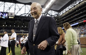 In this Oct. 26, 2008, file photo, Detroit Lions owner and chairman William Clay Ford walks on the sidelines prior to an NFL football game against the Washington Redskins in Detroit. Ford Motor Co. said in a statement Sunday, March 9, 2014, that Ford died of pneumonia at his home. Ford, who helped steer Ford Motor Co. for more than five decades and owned the NFL's Detroit Lions, has died at the age of 88. He was the last surviving grandson of company founder Henry Ford.