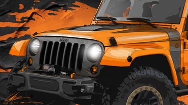 The Jeep Wrangler MOJO concept boasts a unique orange paint job, a new front bumper, a winch and off-road tires.