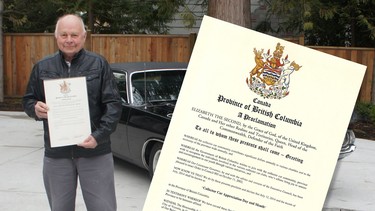 Alyn Edwards
Keith Jackman, retired B.C. superintendent of motor vehicles, poses with his 1970 Dodge Challenger SE and the royal proclamation declaring July 12 and the month of July as Collector Car Appreciation Day and Month.