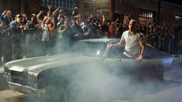 Dom Toretto (Vin Diesel) pulls up in a 1970 Chevy Chevelle in the film "Fast & Furious".