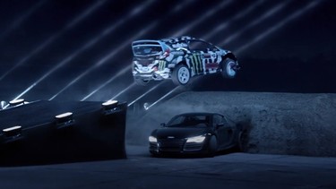Yes, that's Ken Block jumping his Fiesta over an Audi R8.