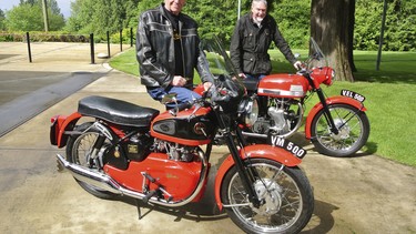 Velocette owner, John Brettoner, (left) and Wayne Dowler (right) the acting president of the British Motorcycle Owners Club