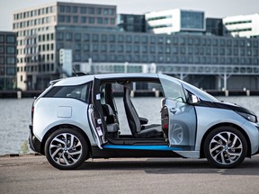 The BMW i3 is almost 200 kilograms lighter than Nissan's similarly-sized Leaf, thanks in large part to the i3's carbon-fibre body. The i3 is the first mass-production car to have most of its body and structure made of carbon-fibre.
