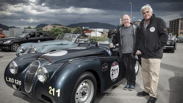 Ian Callum and Jay Leno with their Jaguar XK 120 before the start of the 2014 Mille Miglia.
