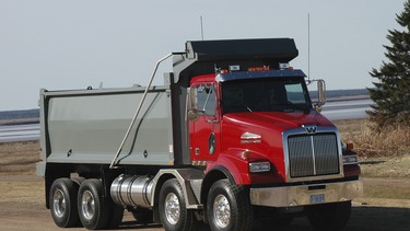 The Western Star 4900 SA Twin Steer has a Mercedes-Benz six-cylinder turbo diesel engine that produces 450 horsepower and 1650 lb-ft of torque.