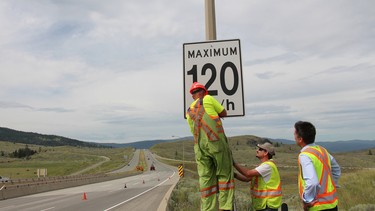 B.C. transportation ministry crews change the speed limit signs as the province changes the new maximum speeds on some 1,300 kilometres of rural highways.