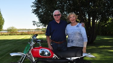 Steen and Marion Hansen will be inducted to the Canadian Motorcycle Hall of Fame at a ceremony in late September.  The Hansens are seen with a 1968 Husqvarna motorcycle that Steen has restored for display at the CMHF.